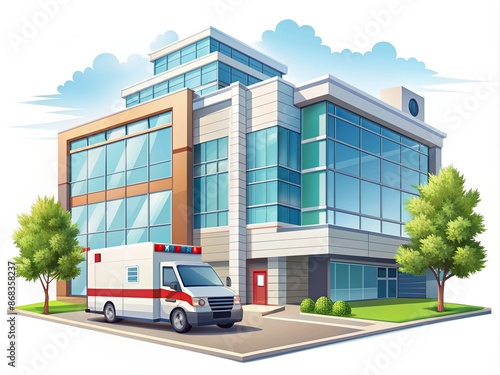 Hospital building medical office vector illustration set. Cartoon modern medicine clinic skyscrapers collection, outdoor facade hospital exterior with ambulance car and big windows isolated on white.