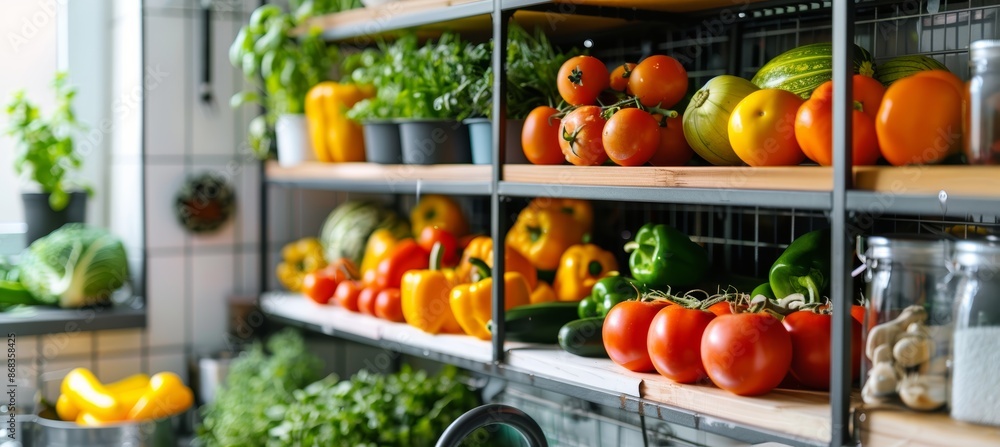 Well-Organized Kitchen with Fresh Produce Storage Rack for Efficient Meal Prep Design Well-Organized Kitchen with Fresh Produce Storage Rack for Efficient Meal Prep Design