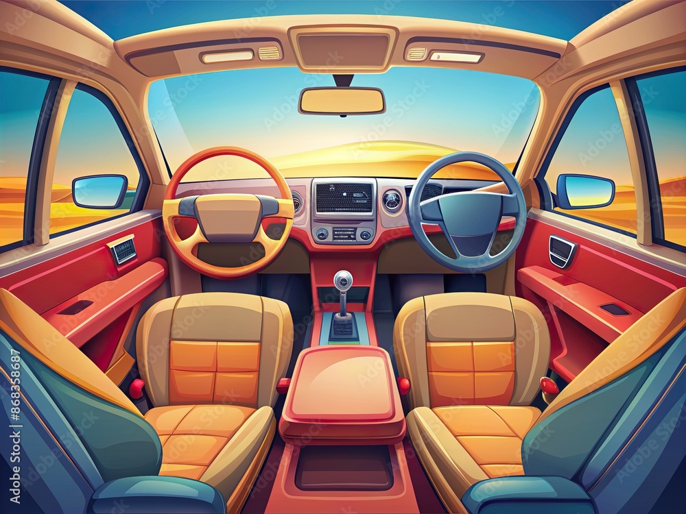 Fototapeta premium Colorful vector illustration of a car's interior featuring front and side views of empty driver and passenger seats, showcasing a travel concept with a steering wheel.