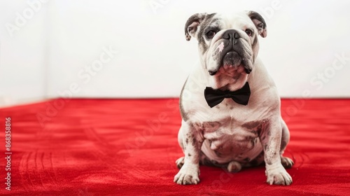 A Bulldog wearing a bow tie, sitting confidently on a red carpet with a white background and space for copy © Sweettymojidesign