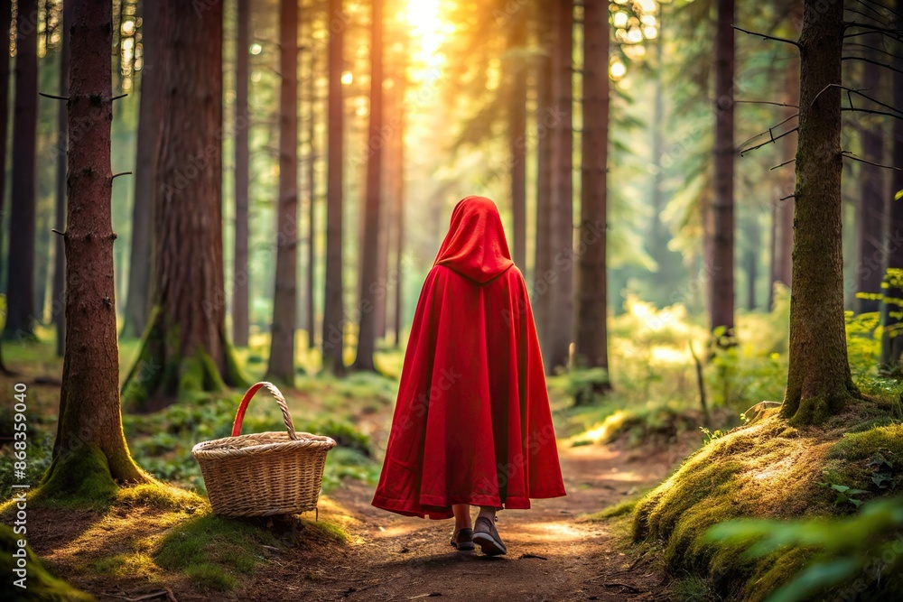 Whimsical forest scene featuring iconic red hooded cape, wooden basket, and trees, evoking nostalgia for classic fairy tale Little Red Riding Hood's adventures. Whimsical forest scene featuring iconic red hooded cape, wooden basket, and trees, evoking nostalgia for classic fairy tale Little Red Riding Hood's adventures.