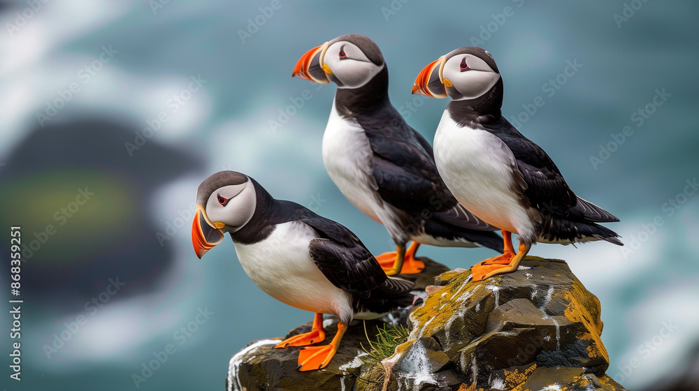 Fototapeta premium Icelandic Puffins Perched on Rugged Cliffs