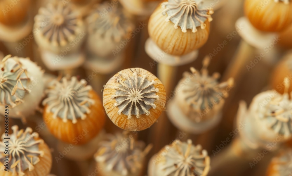 Close-up of a cluster of seed pods with a focus on one, set against a blurred background of more seed pods. Close-up of a cluster of seed pods with a focus on one, set against a blurred background of more seed pods.