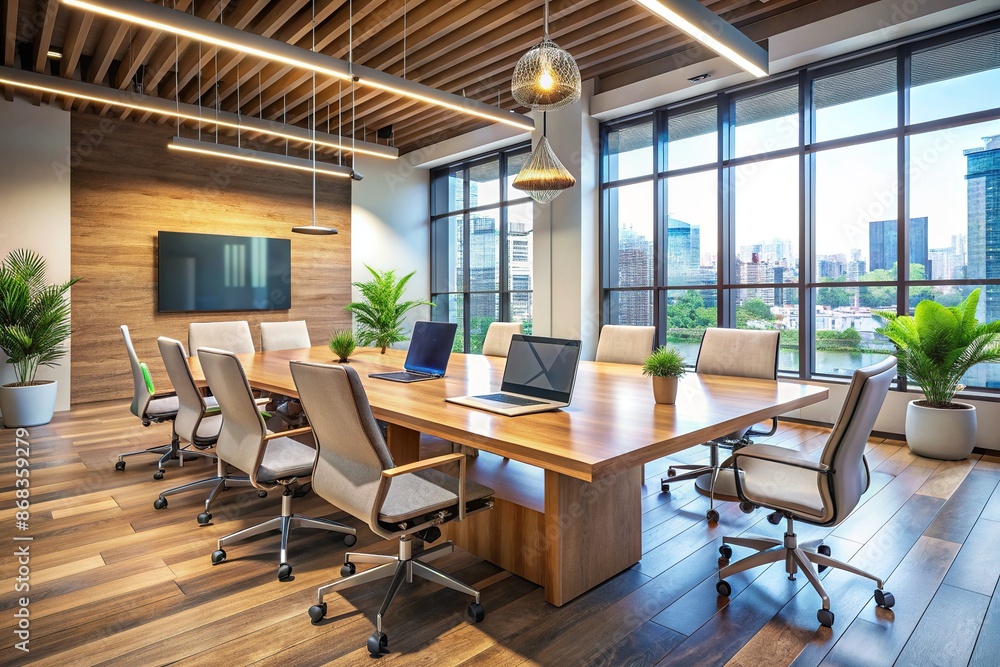 Modern office interior with empty chairs and laptops around a wooden table, featuring a large screen displaying project results in a bright and airy atmosphere. Modern office interior with empty chairs and laptops around a wooden table, featuring a large screen displaying project results in a bright and airy atmosphere.