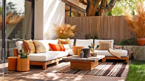 New Nostalgia: Abstract 90s Outdoor Living Space with Cozy Modern Furniture, Natural Elements, and Vibrant Colors