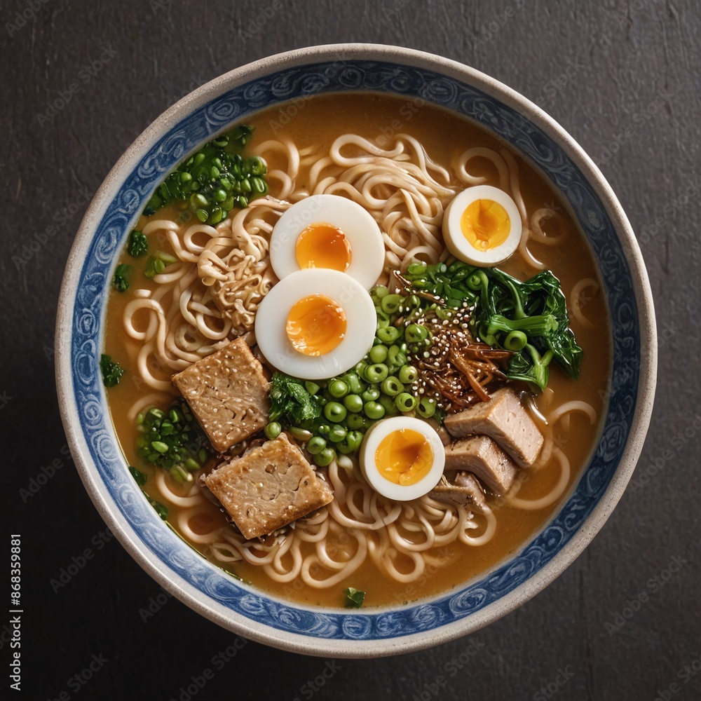 Savory Ramen Delight TopDown View of Delicious Soup Bowl Savory Ramen Delight TopDown View of Delicious Soup Bowl