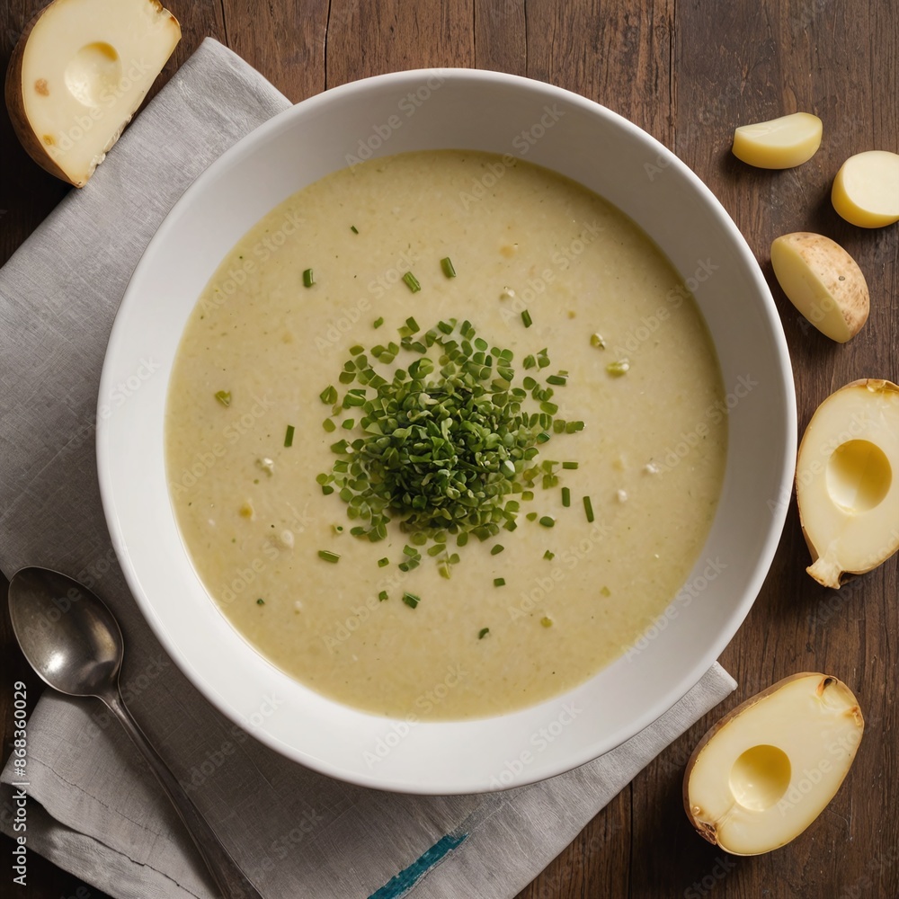 Comforting Potato Leek Soup in Classic White Bowl Top View Comforting Potato Leek Soup in Classic White Bowl Top View