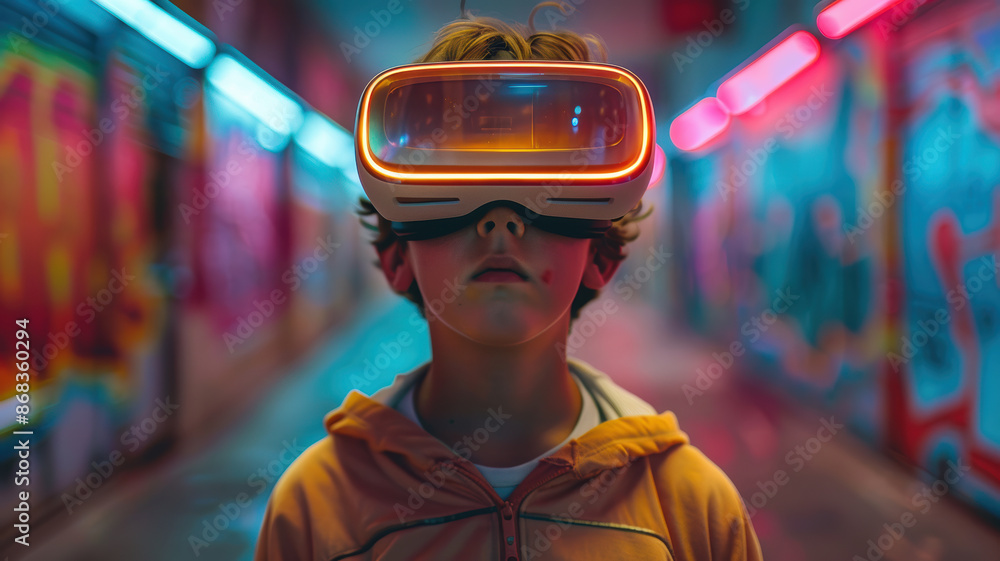 Kid in Virtual Reality World with Neon Lights Kid in Virtual Reality World with Neon Lights