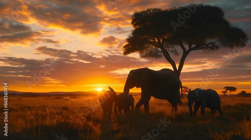 Baby elephants with their mother in the savannah, Africa, are walking in the wild and enjoying the sunset in the sky, obscured by clouds. In the background, there is a tree. Animal families in nature