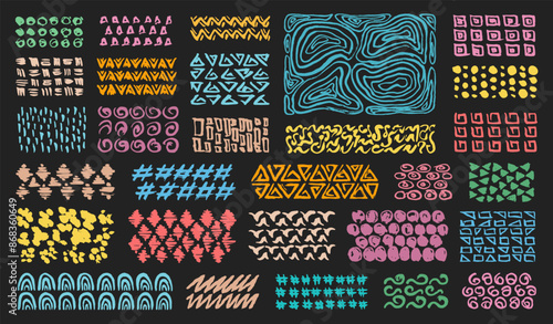 Grunge paint ornament doodles. Scribbles collection. Quirky ink doodles. Ethnic tribal ornaments doodles. Retro ornament for patterns. Ethnic grunge.