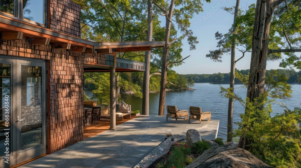 lakeside retreat with Bahama shutters designed to resemble the bark of surrounding trees, integrating the structure into the natural landscape lakeside retreat with Bahama shutters designed to resemble the bark of surrounding trees, integrating the structure into the natural landscape