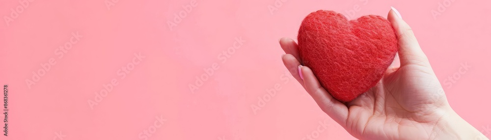 Obraz premium A hand holds a plush, red heart against a solid pink backdrop with copy space