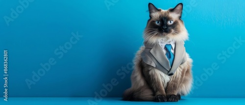 A regal Ragdoll cat in a smart business suit, sitting confidently at a desk with a solid blue background, with copy space photo