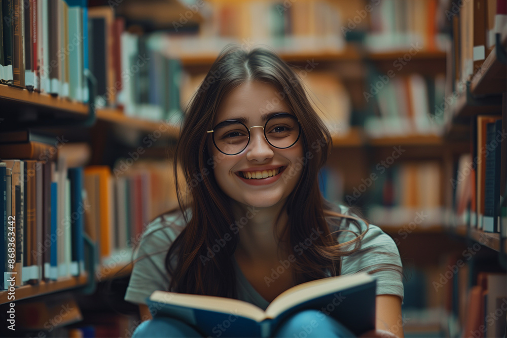 A happy young girl with glasses smiles while reading a book, surrounded by bookshelves in a cozy library environment. A happy young girl with glasses smiles while reading a book, surrounded by bookshelves in a cozy library environment.