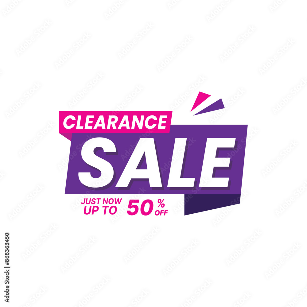 Clearance Sale purple pink 50 percent off heading design for banner or poster. Sale and Discounts Concept. Vector illustration isolated on white background Clearance Sale purple pink 50 percent off heading design for banner or poster. Sale and Discounts Concept. Vector illustration isolated on white background