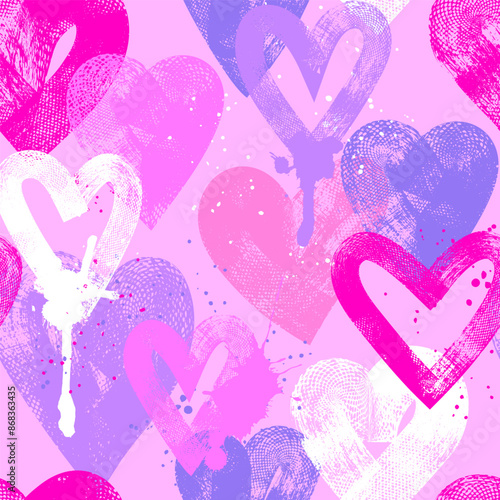 Abstract seamless pattern with hearts, urban elements, brush, lines,  sprays. Pink and blue wallpaper for girls. Grunge background with bright colors hearts and spay paint