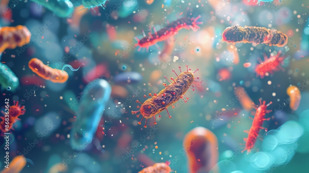 Fototapeta premium A vibrant and detailed closeup visualization of various microorganisms