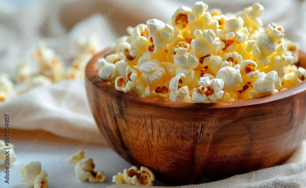 Popcorn in Wooden Bowl on White Tablecloth Popcorn in Wooden Bowl on White Tablecloth