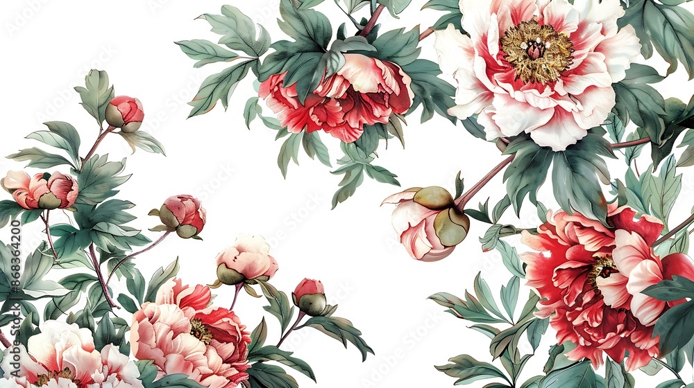 Pink and Red Peonies with Green Leaves Pink and Red Peonies with Green Leaves