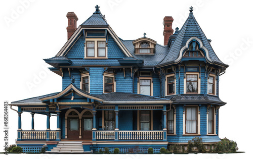 Classic blue victorian house with front porch and detailed facade, cut out - stock png.