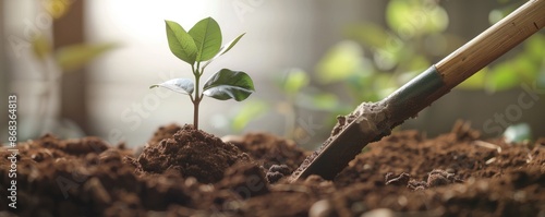 Image shows a young seedling plant beside a metal shovel in soil, depicting new growth and agriculture. photo
