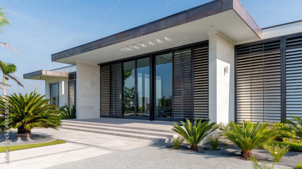 minimalist home with custom-designed metallic Bahama shutters, providing a contemporary look that complements the minimalist aesthetic minimalist home with custom-designed metallic Bahama shutters, providing a contemporary look that complements the minimalist aesthetic