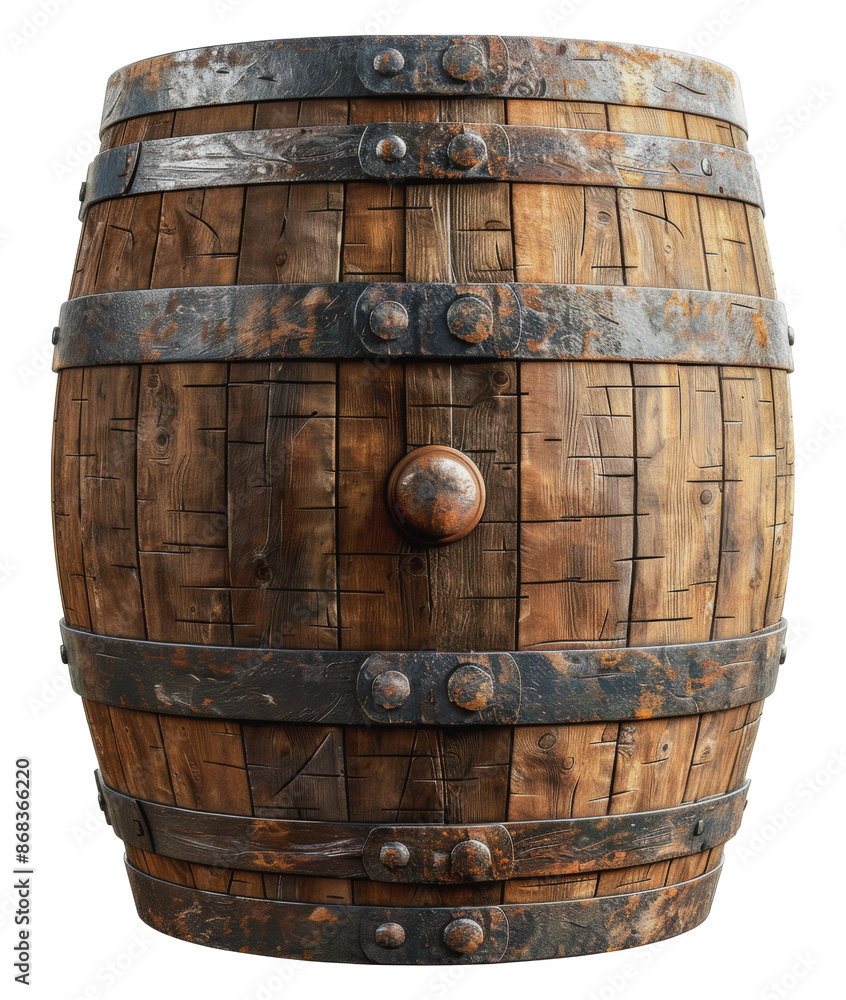Fototapeta premium A close-up view of a weathered wooden barrel with metal bands, cut out - stock png.