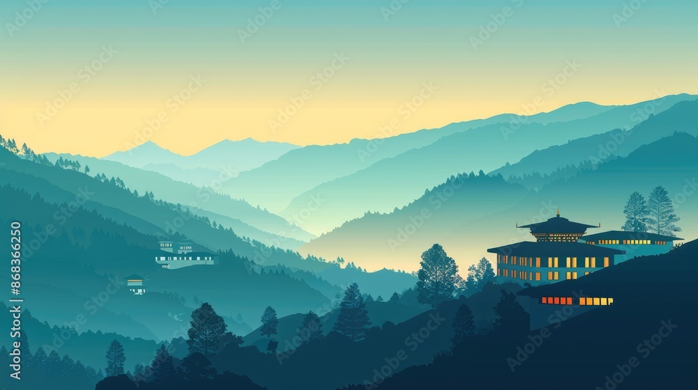 Fototapeta Picturesque View of Mountains and Cottage in Artistic Illustration