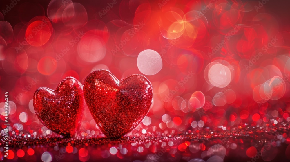 Two hearts are placed on a red background with glitter Two hearts are placed on a red background with glitter
