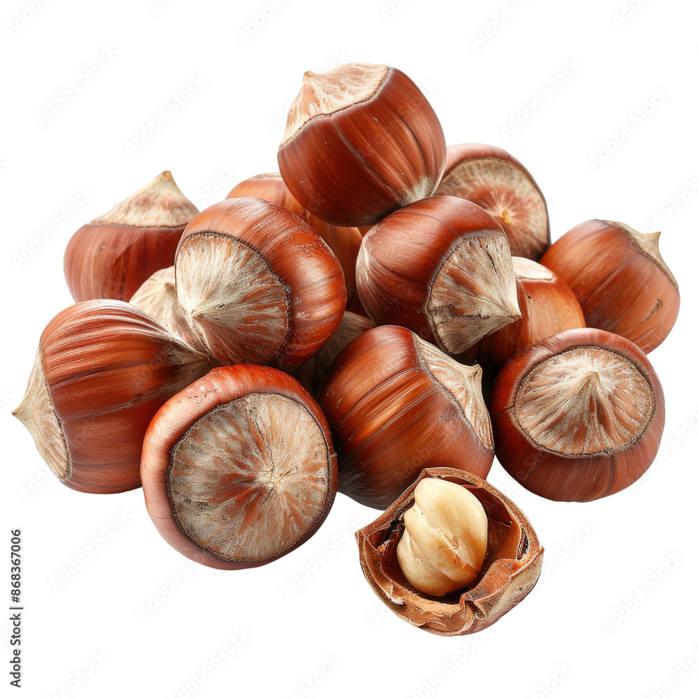 A close-up view of several hazelnuts with their brown shells, showcasing their natural texture and beauty, isolated on a white background. A close-up view of several hazelnuts with their brown shells, showcasing their natural texture and beauty, isolated on a white background.