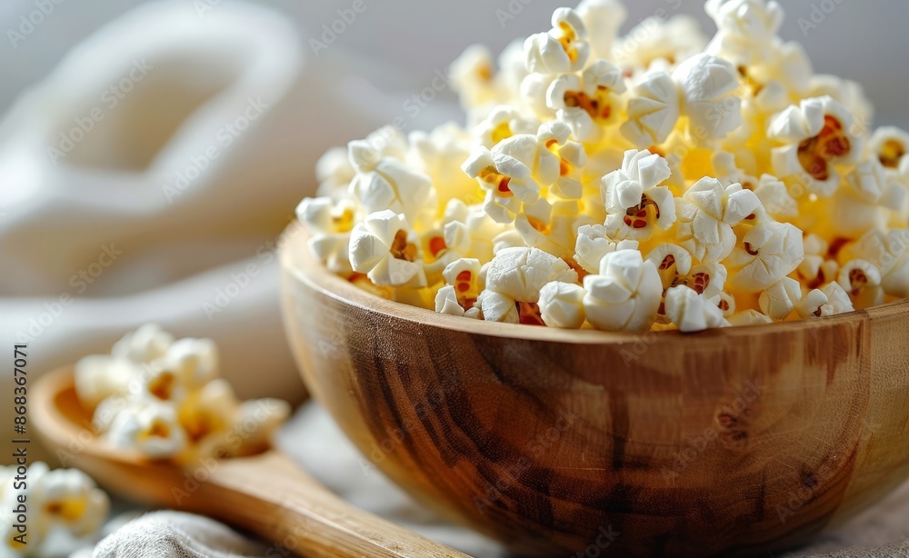 Popcorn in Wooden Bowl with Spoon Popcorn in Wooden Bowl with Spoon