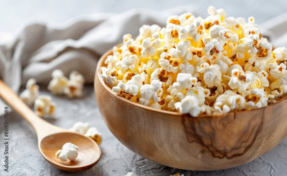 Gourmet Popcorn in Wooden Bowl with Spoon Gourmet Popcorn in Wooden Bowl with Spoon