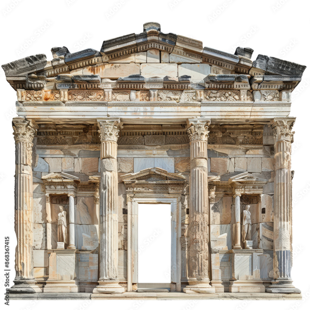 Obraz premium Ancient stone temple facade with Corinthian columns and statues, depicting classical architectural style, isolated on white background.