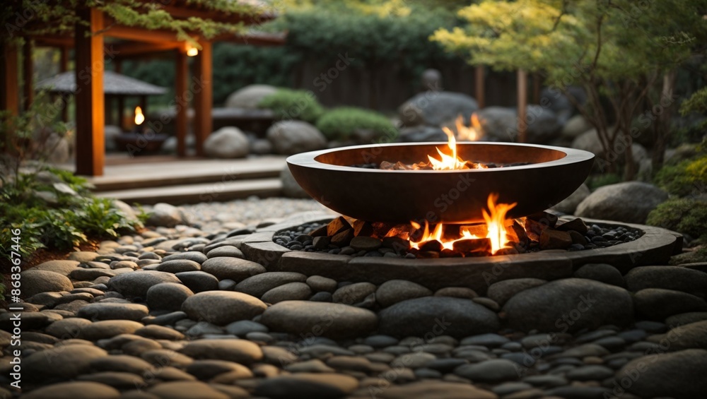 A tranquil scene features a large fire pit in a beautifully landscaped garden with stone paths and lush greenery. A tranquil scene features a large fire pit in a beautifully landscaped garden with stone paths and lush greenery.