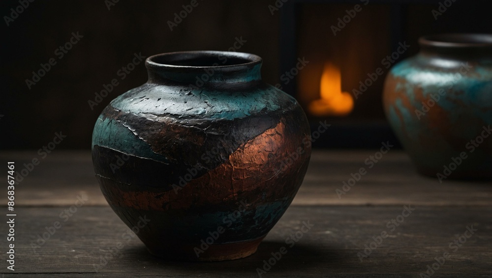 Rustic pottery piece with a black and copper textured finish, shown with a warm glowing background and additional pottery items. Rustic pottery piece with a black and copper textured finish, shown with a warm glowing background and additional pottery items.
