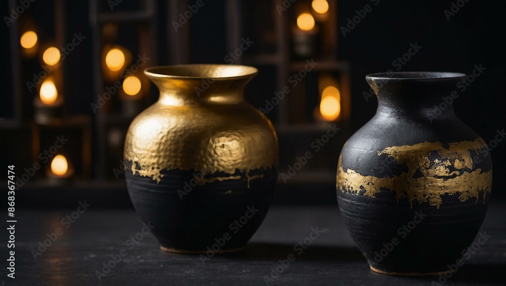 Image of two beautiful black and gold ceramic vases reflecting a mixture of elegance and artistry on a dark background. Image of two beautiful black and gold ceramic vases reflecting a mixture of elegance and artistry on a dark background.