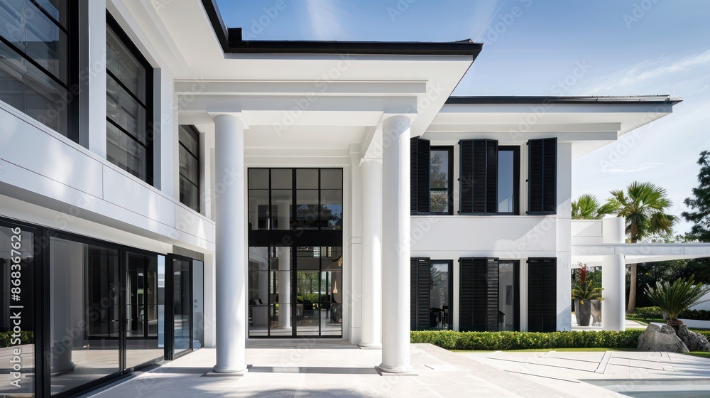 Fototapeta premium modernist mansion with black Bahama shutters, creating a striking contrast against its white walls