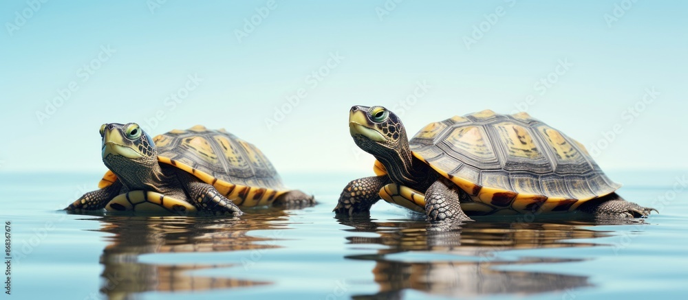 Fototapeta premium Two turtles are standing next to each other on a white surface