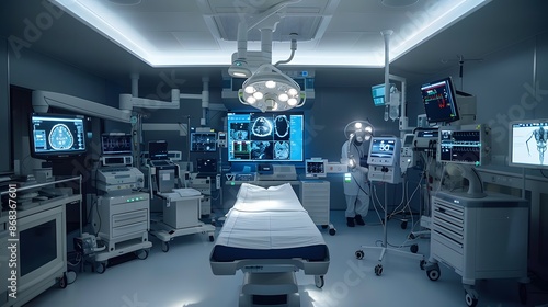 Modern equipment in operating room. Medical devices for neurosurgery. 