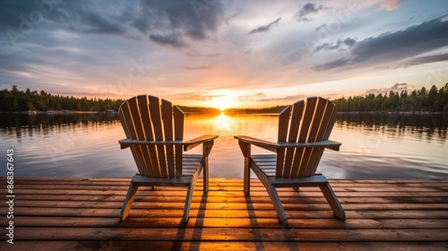 Fototapeta Naklejka Na Ścianę i Meble -  Two wooden chairs are on a dock overlooking a lake