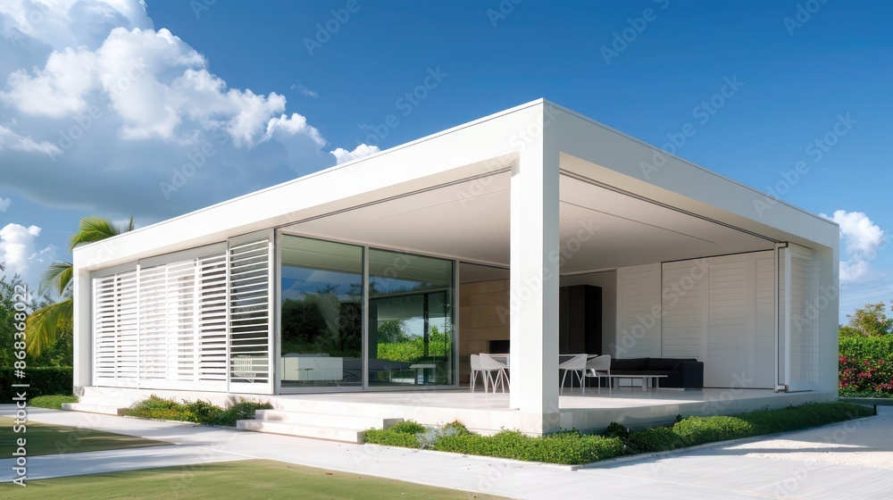 Fototapeta premium modernist pavilion with large white Bahama shutters, offering a stark contrast to the minimalist structure and enhancing its geometric beauty