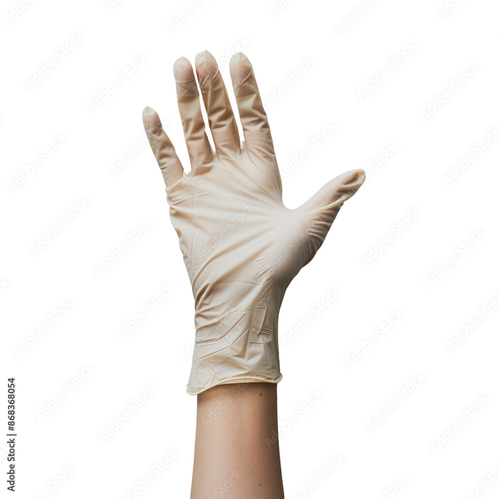 Person wearing a disposable latex glove, showing a hand raised, on a white background. Safety and hygiene concept. Person wearing a disposable latex glove, showing a hand raised, on a white background. Safety and hygiene concept.