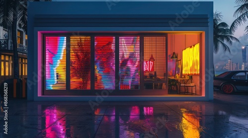 Wallpaper Mural modern art studio with neon Bahama shutters, reflecting the vibrant creativity inside and drawing the attention of passersby Torontodigital.ca