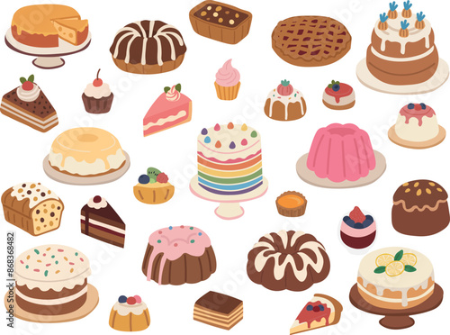 Dessert, cake isometric flat icon collection. 20+ piece of cake vector illustration