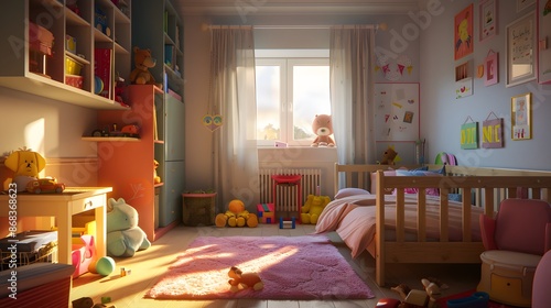 little girl wakes up in the morning in the children's bedroom. 