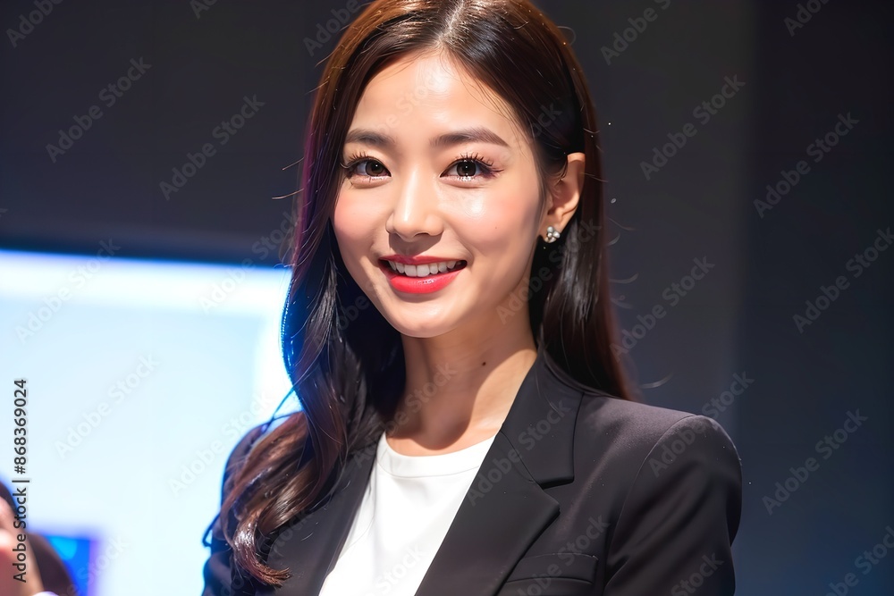 Obraz premium プレゼン中に笑顔を浮かべる日本人女性