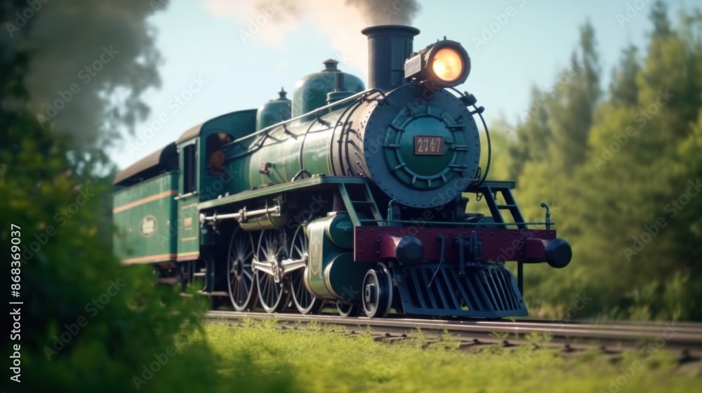 A train is traveling through a forest with trees in the background A train is traveling through a forest with trees in the background