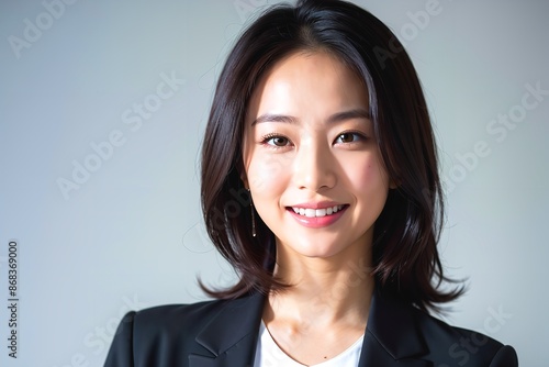 仕事中に笑顔で接客をする日本人女性