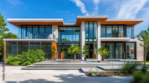 modern eco-home with recycled-material Bahama shutters, emphasizing sustainability and style