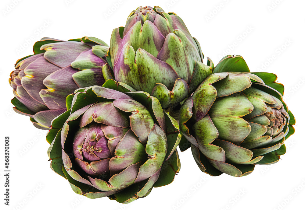Obraz premium Close-up of freshly steamed artichokes, cut out - stock png.